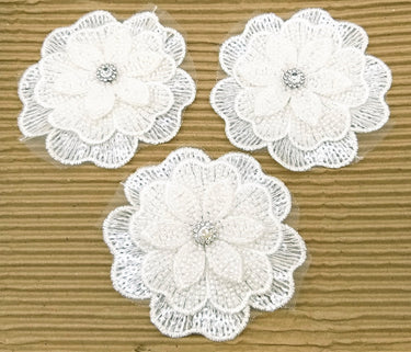 White Hand Embroidered Floral Applique With Beads, Crochet Cut Dana Applique, Beaded Flower Motifs